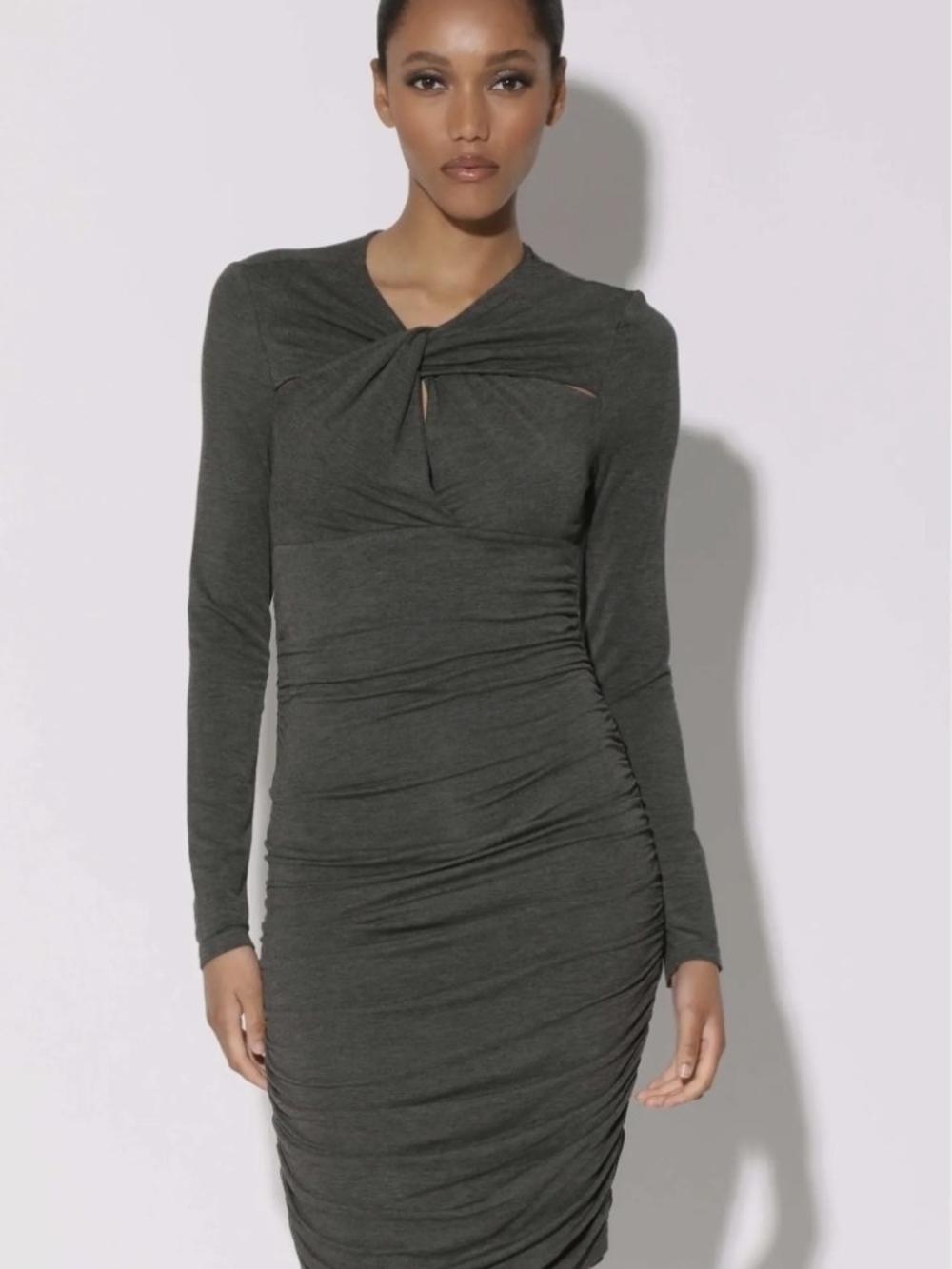 Walter Baker Grey Long-Sleeve Twist Front Ruched Dress